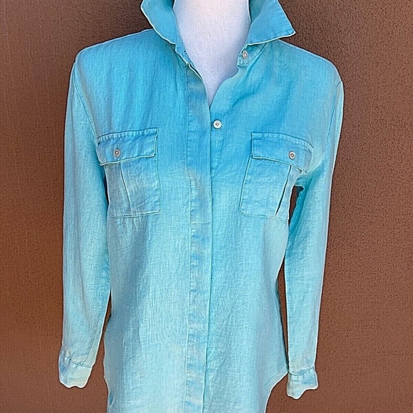 NWT Womens Tommy Bahama Linen Two Palms LS Shirt Blue Radiance Size XS - Picture 1 of 10